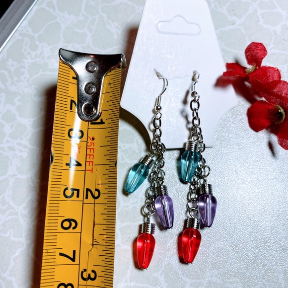 Blue purple red Christmas light bulb earrings - Picture 3 of 3